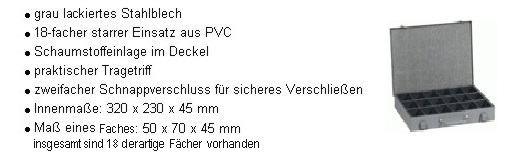 Blechkasten, starrer Einsatz, 18 Fächer, zwei Schnappverschlüsse, Tragegriff, Schaumstoffeinlage im Deckel / BLECH / POLYSTYROL