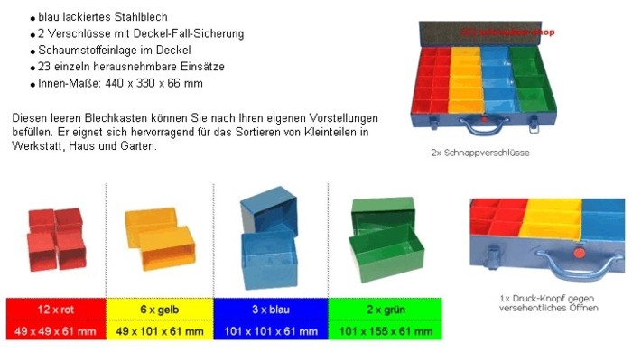 Blechkasten, 23 lose Einsätze, zwei Schnappverschlüsse, Tragegriff, Öffnungs-Sicherung, Schaumstoffeinlage im Deckel / BLECH / POLYSTYROL