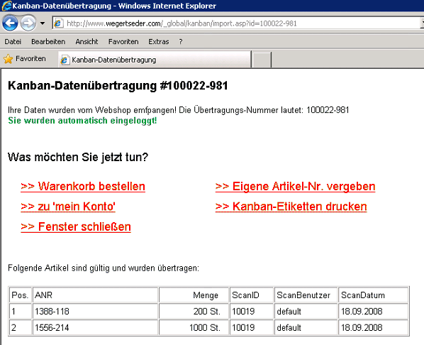 Export von eKanban an Webshop erfolgreich - Statusseite